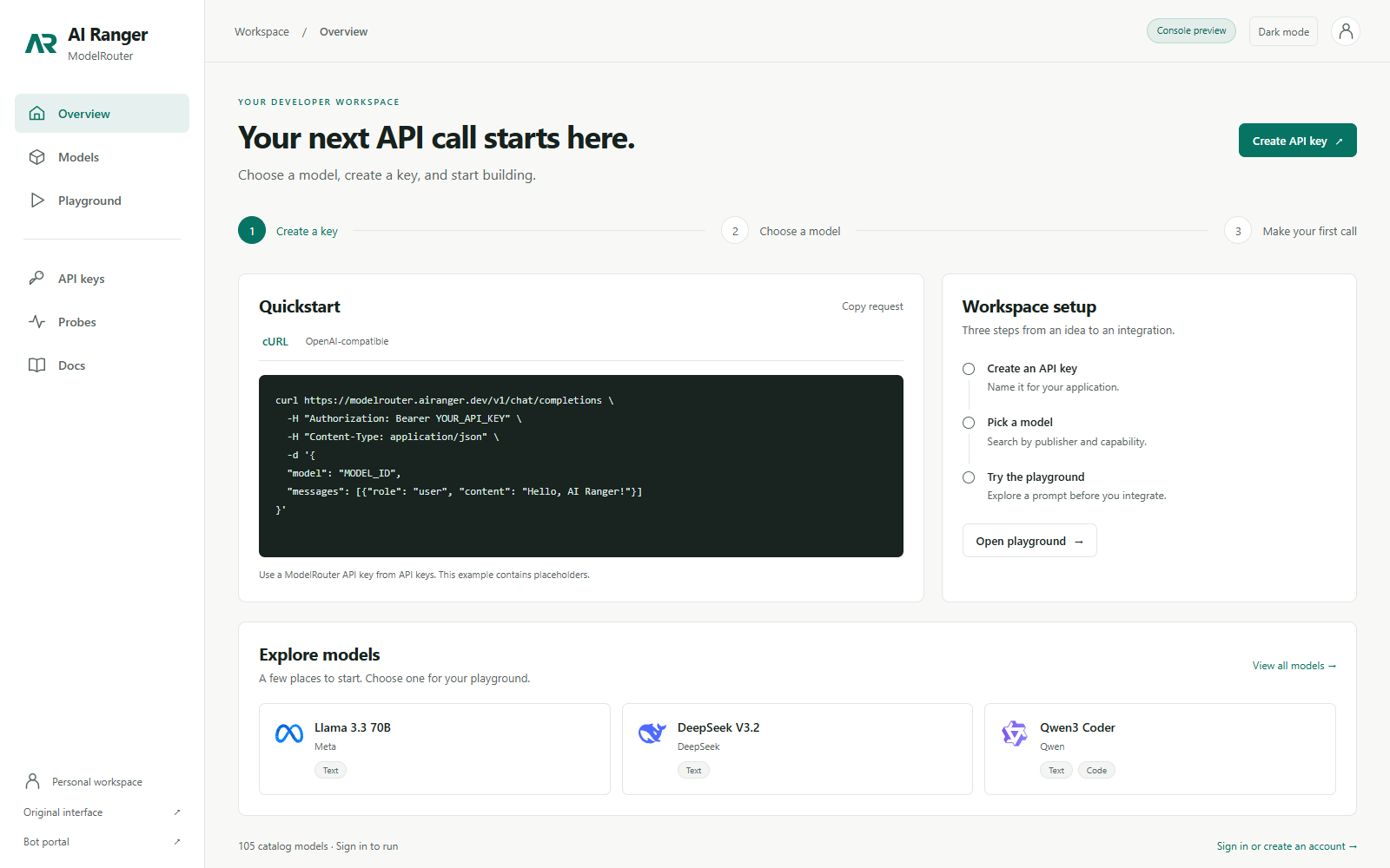 Current ModelRouter console overview in light mode, with an API quickstart, workspace setup steps, and real Llama, DeepSeek, and Qwen model cards available to browse before sign-in.