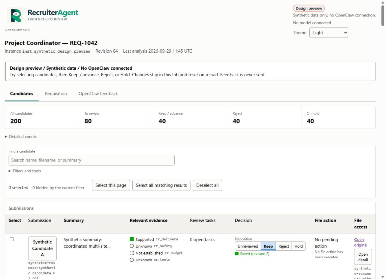 RecruiterAgent design preview showing synthetic candidates, evidence criteria, and human review controls.